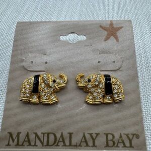mandalay Bay earrings, elephant, gold tone, clear rhinestones 1”-.5” NEW